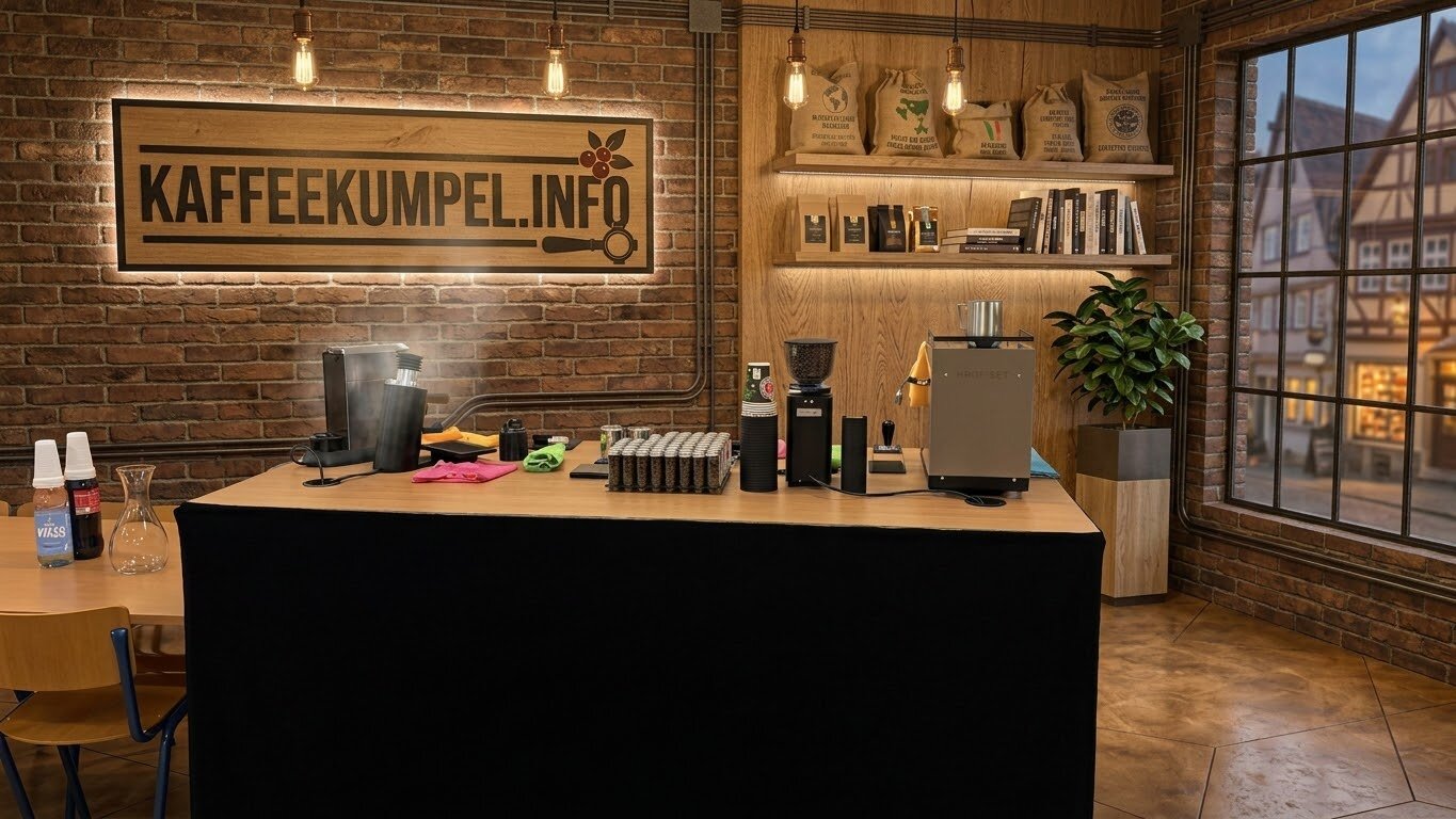 Die kaffeekumpel-Kaffeebar mit Siebträgermaschine, Mühle und beleuchtetem kaffeekumpel.info-Schild